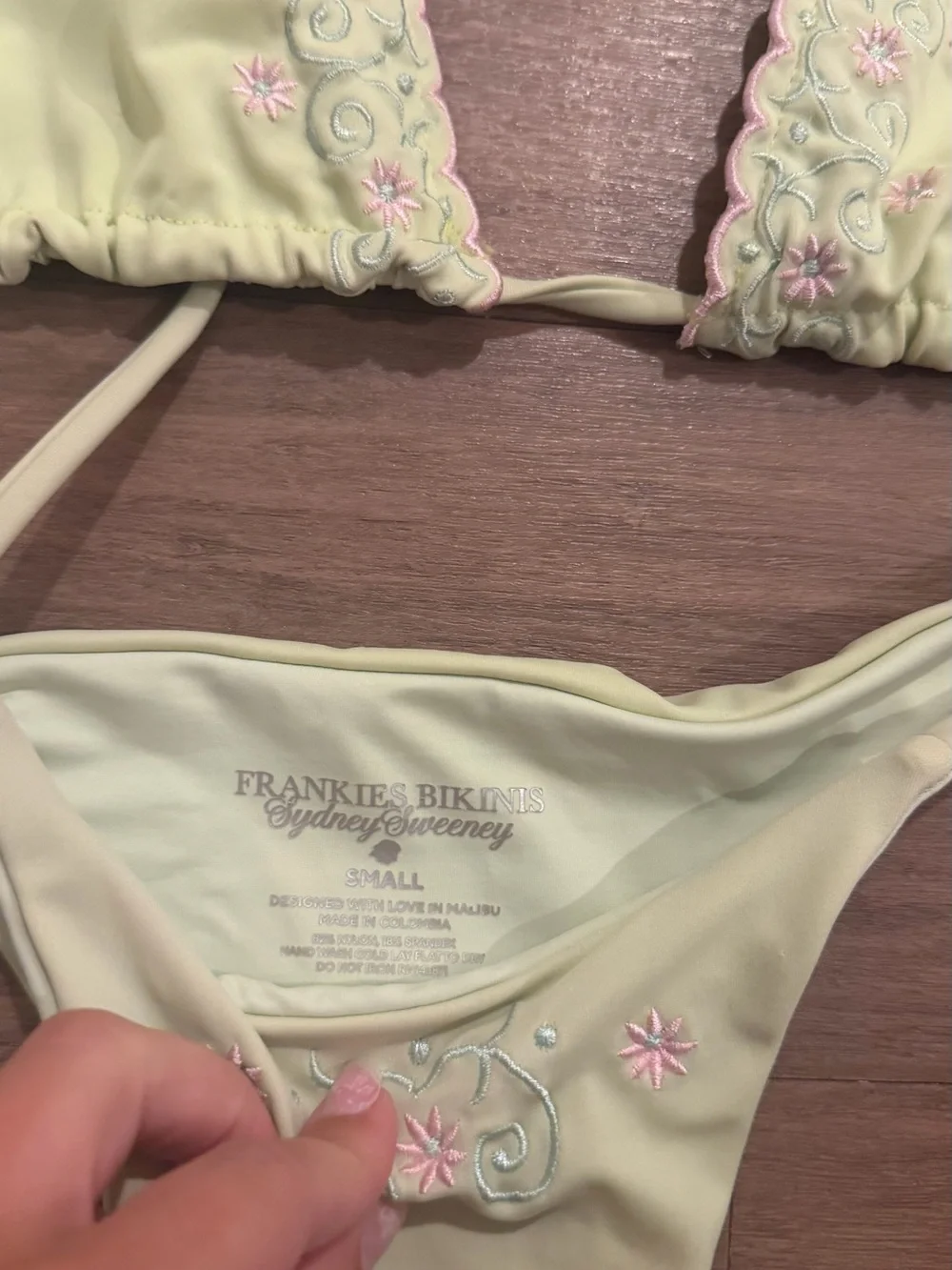 Frankie's Bikinis Pale Yellow Embroidered Bandeau-Style Bikini